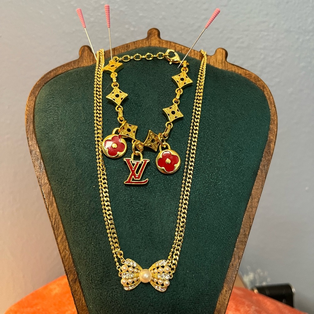Gold Designer-Inspired Pearl Bow Necklace & L Bracelet V w/ Red Charms